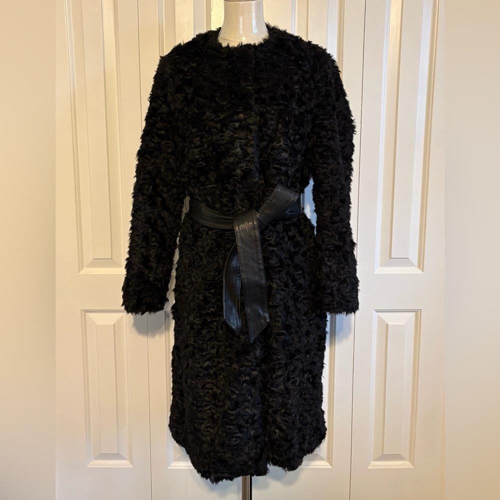 H&M Black Faux Fur Coat (Persian Lamb-look) with Faux Leather Belt, Size 14, EUC
